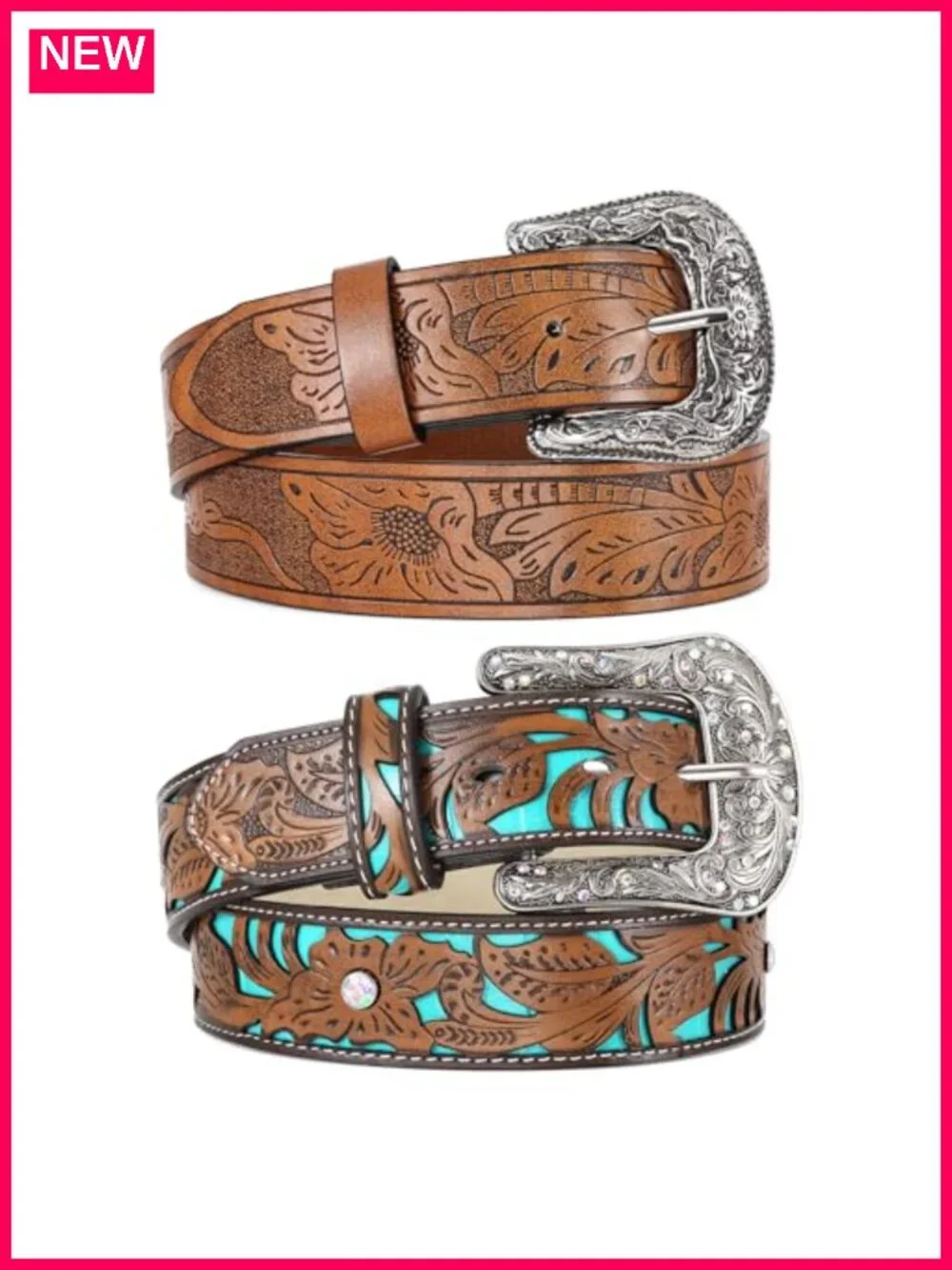 2 Pack Women Faux Leather Western Belts with Big Vintage Buckle